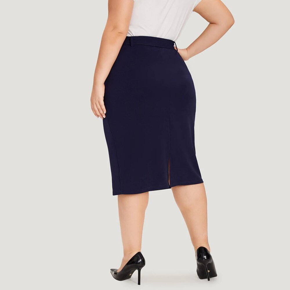 BloomChic Blue Plain Belted Split Hem Skinny Skirt - Picture 4 of 7